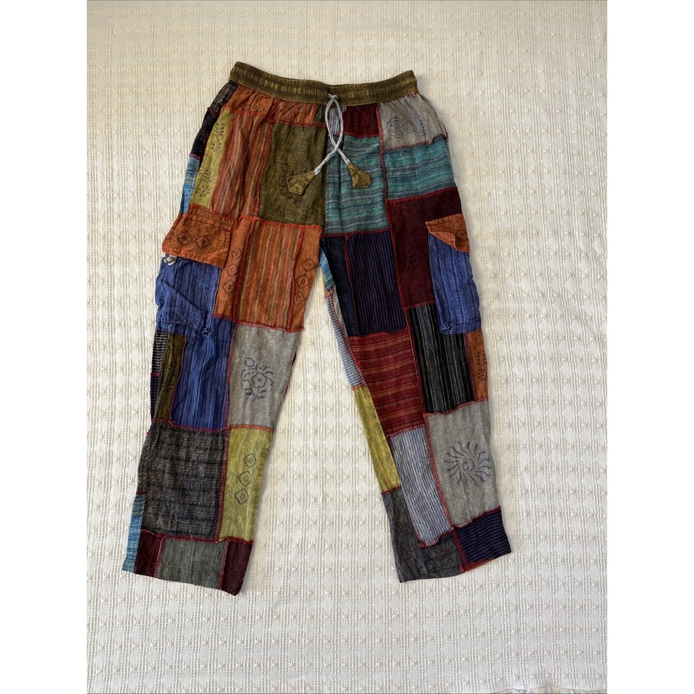Natural Patchwork Hippie S Festival Life Pants Pockets  Elastic Waist Pull On A